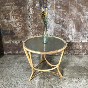 table basse vintage rotin et verre